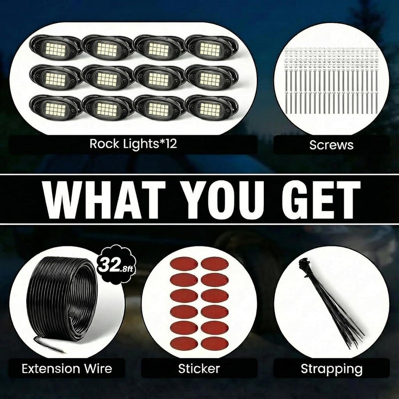 YONEDA 12 Pods White Rock Lights 6000K Ultra Bright LED Neon Underglow Lights IP68 Waterproof for Trucks SUV UTV ATV RZR Car Boats Pickup Motorcycle with 32.8ft Extension Wire - Image 5